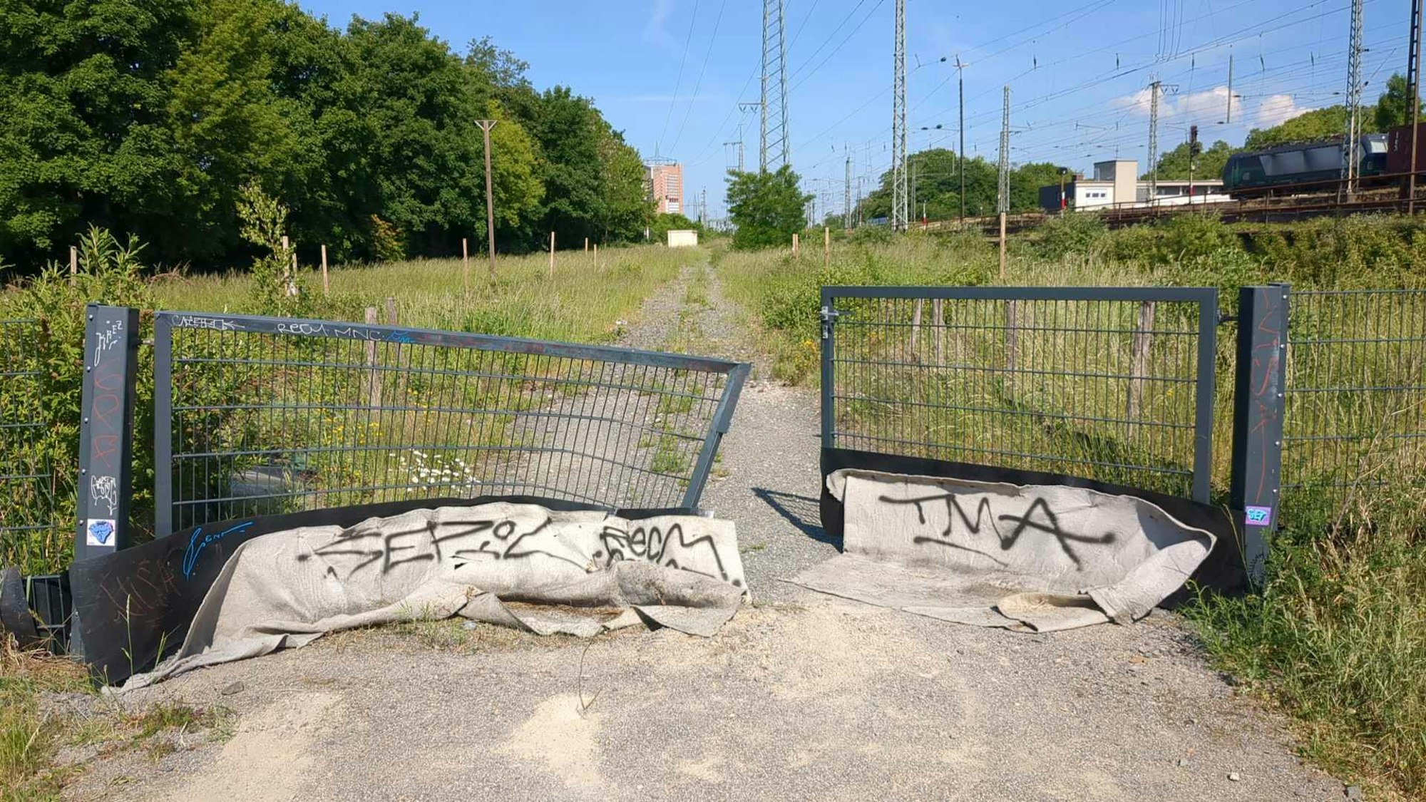 Ein zweiflügliges Tor, das zu einem Park führt, ist völlig verbogen.