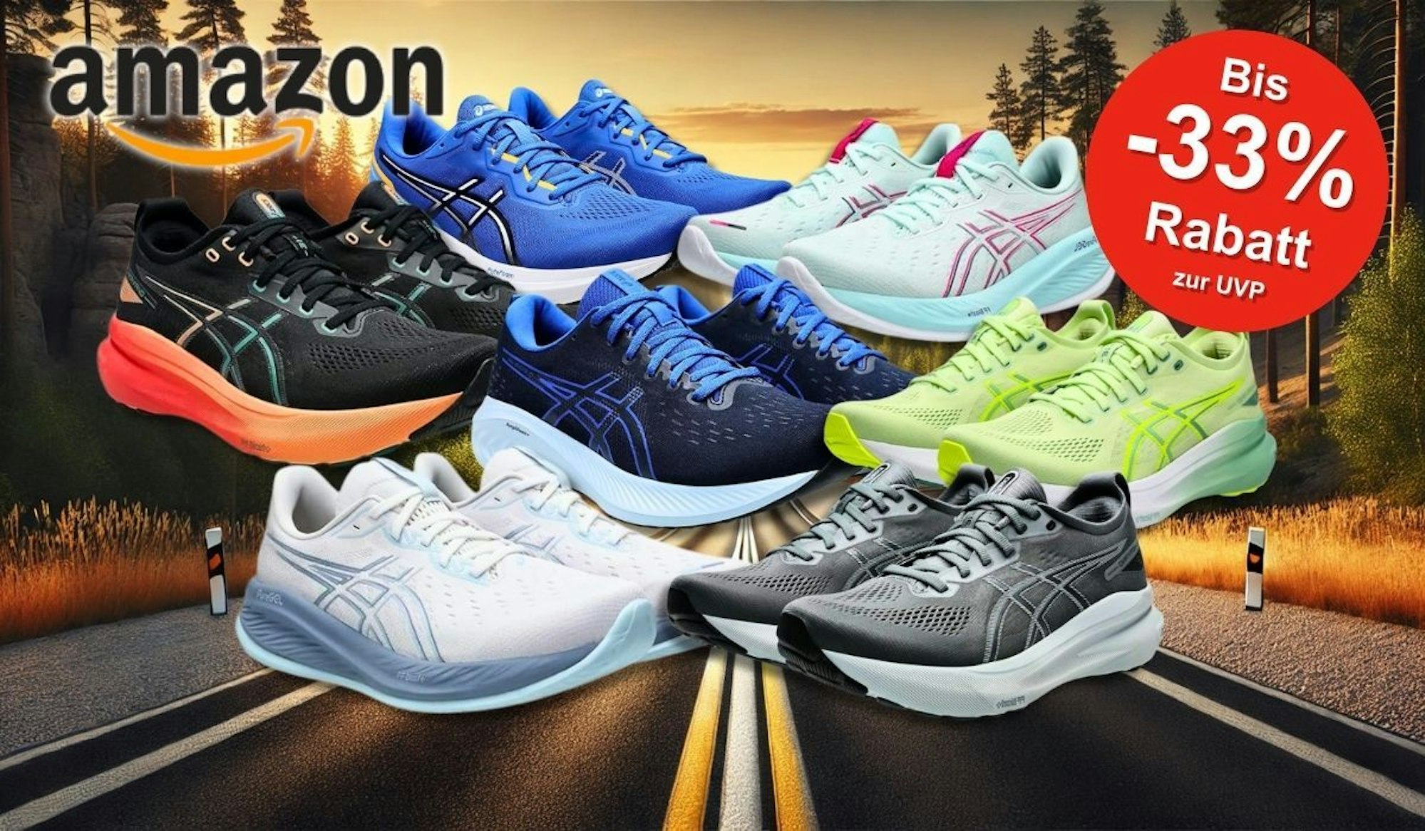 Eine Auswahl bunter Asics Laufschuhe vor einer stilisierten Straßen- und Waldlandschaft im Sonnenuntergang.