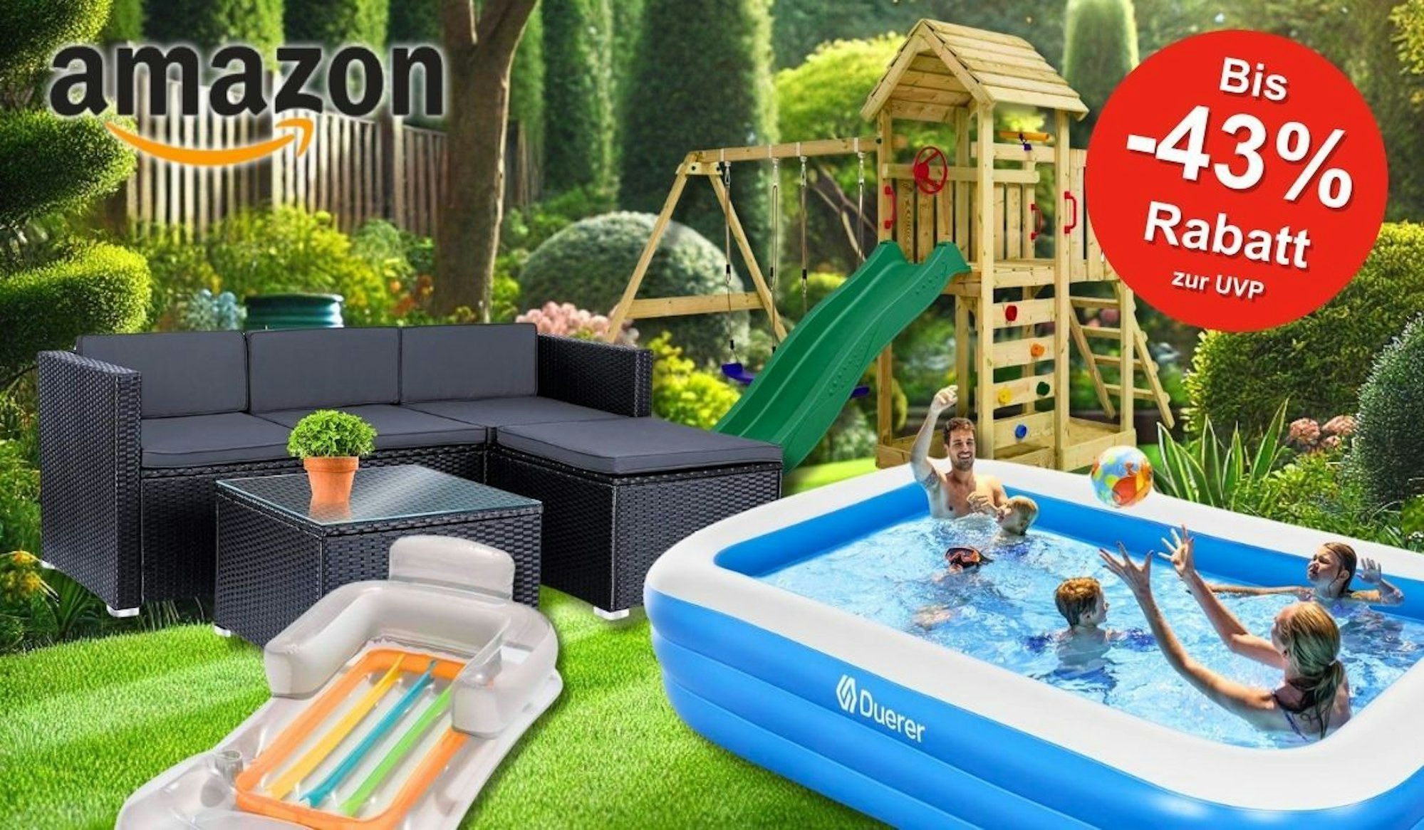 Eine sommerliche Garten mit Gartenmöbeln, einem aufblasbaren Pool voller spielender Kinder, eine Luftmatratze und einem Holz-Klettergerüst mit Rutsche.