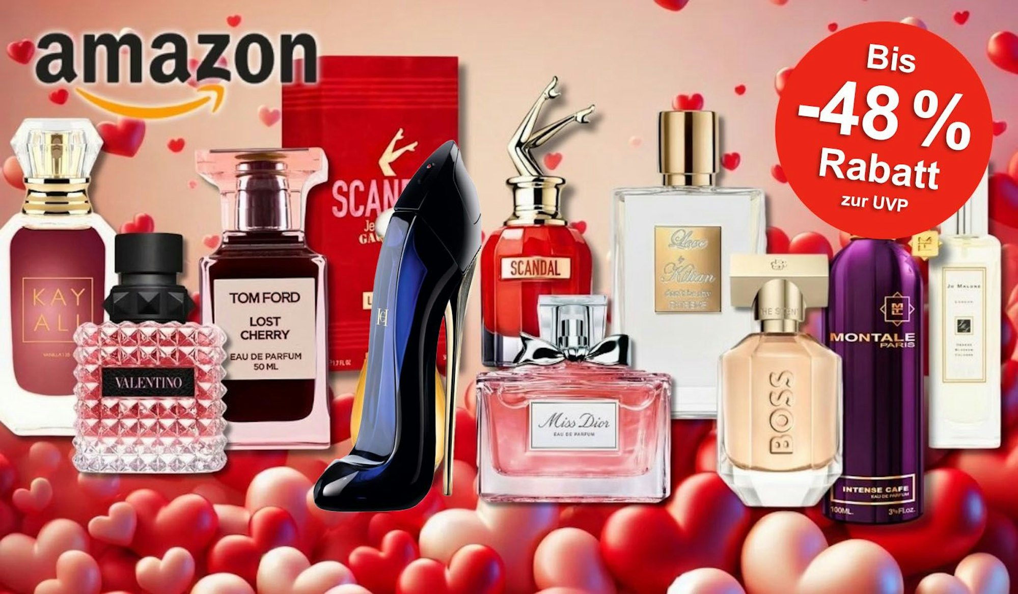 Flakons von Damen Parfums vor einem romantischen Hintergrund mit Herzmotiven. Von Carolina Herrera Good Girl, Miss Dior, Tom Ford Lost Cherry, Kayali, Montale, JPG Scandal, BOSS The Scent und mehr.