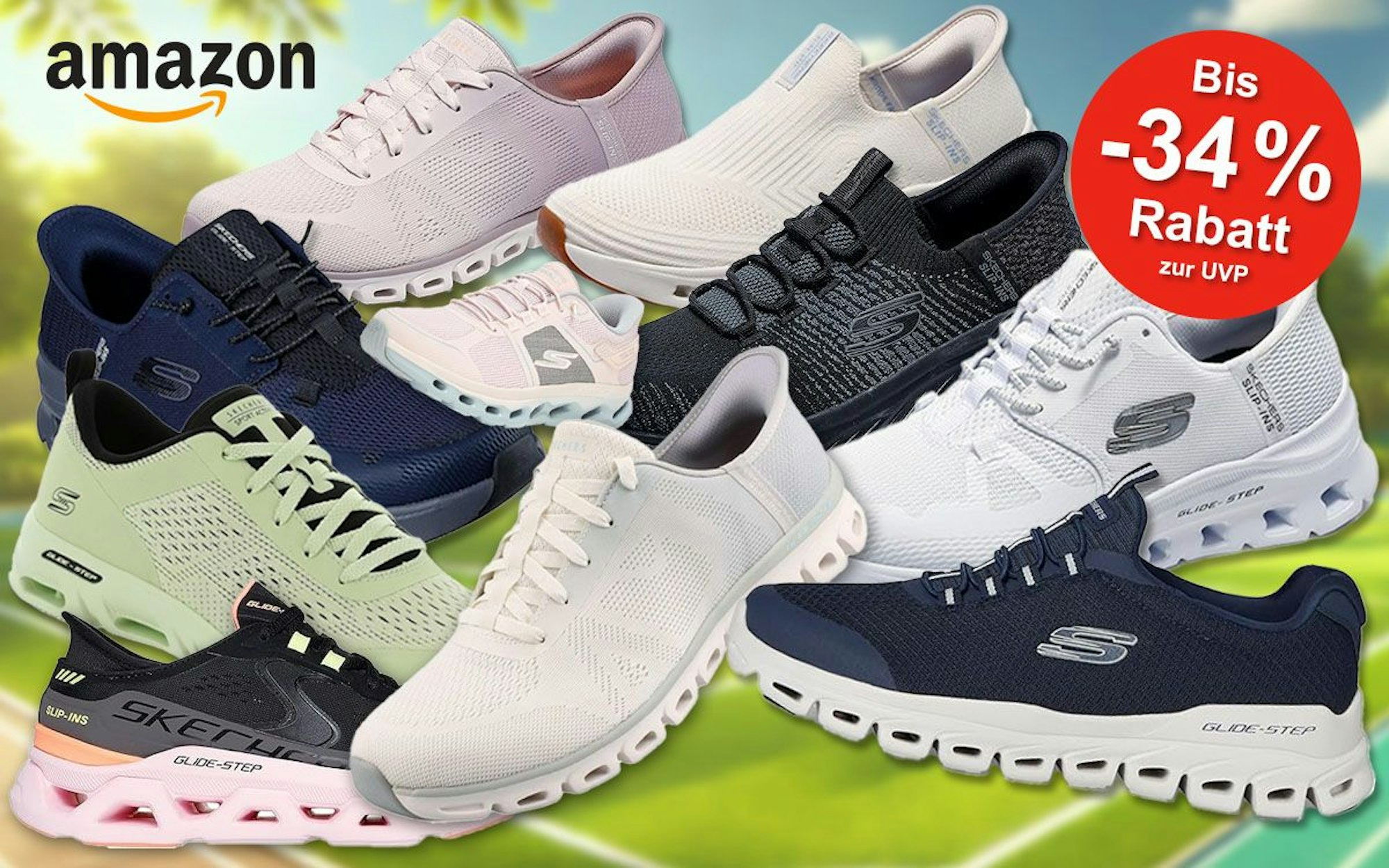 Verschiedene Skechers Glide-Step Pro Sneaker und Schuhe vor einem Hintergrund mit einem Sportplatz.