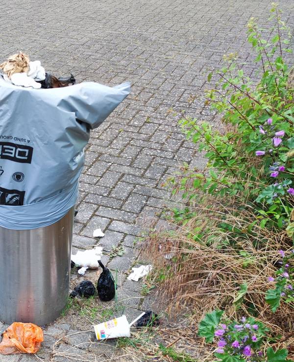 An der Haltestelle Köln-Holweide wurde dieser Mülleimer zugeklebt.