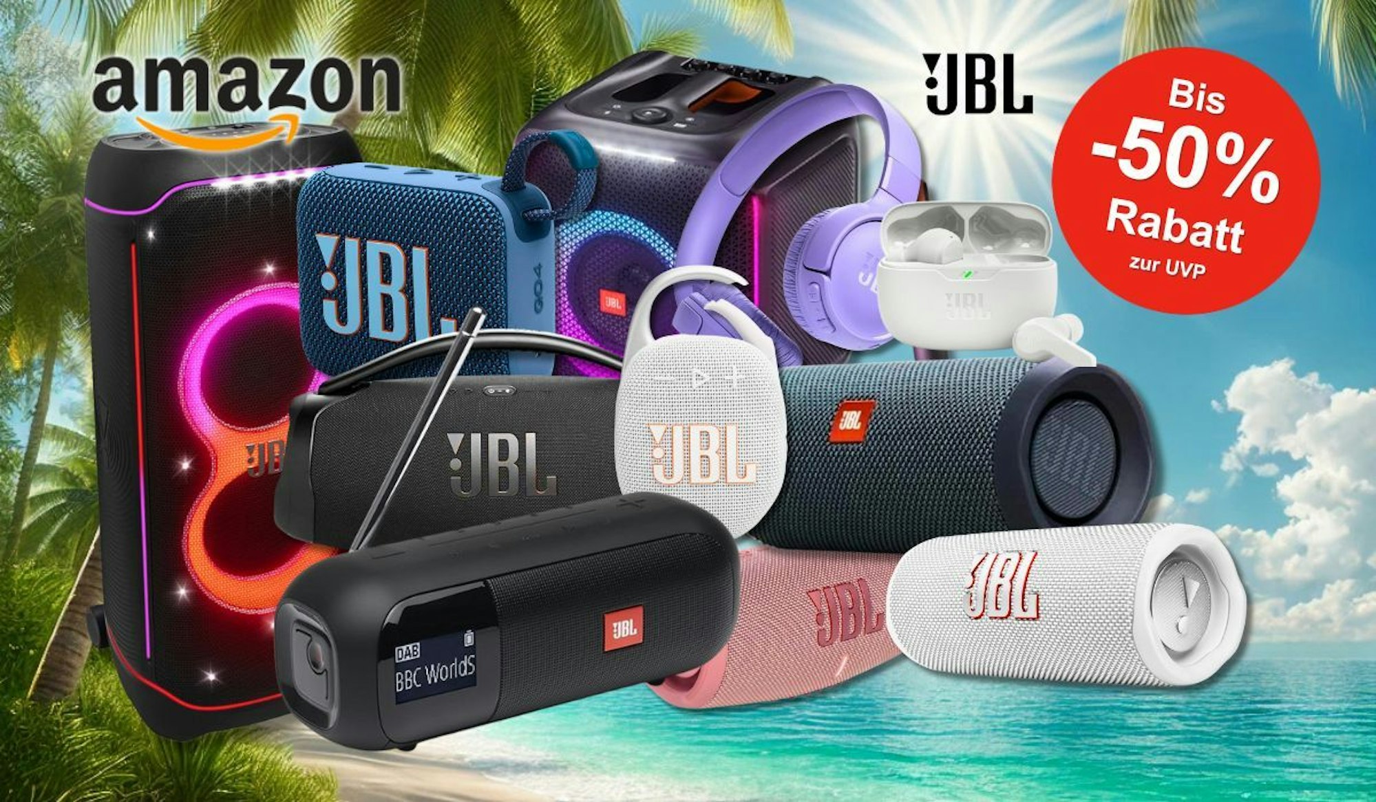 Darstellung verschiedener Lautsprecher- und Kopfhörermodelle von JBL auf Amazon
