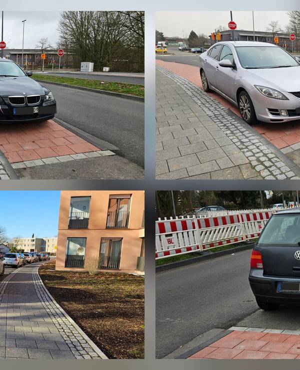 Die Falschparker-Situation in Köln-Weiler – kurios ist die Führung des Radweges.