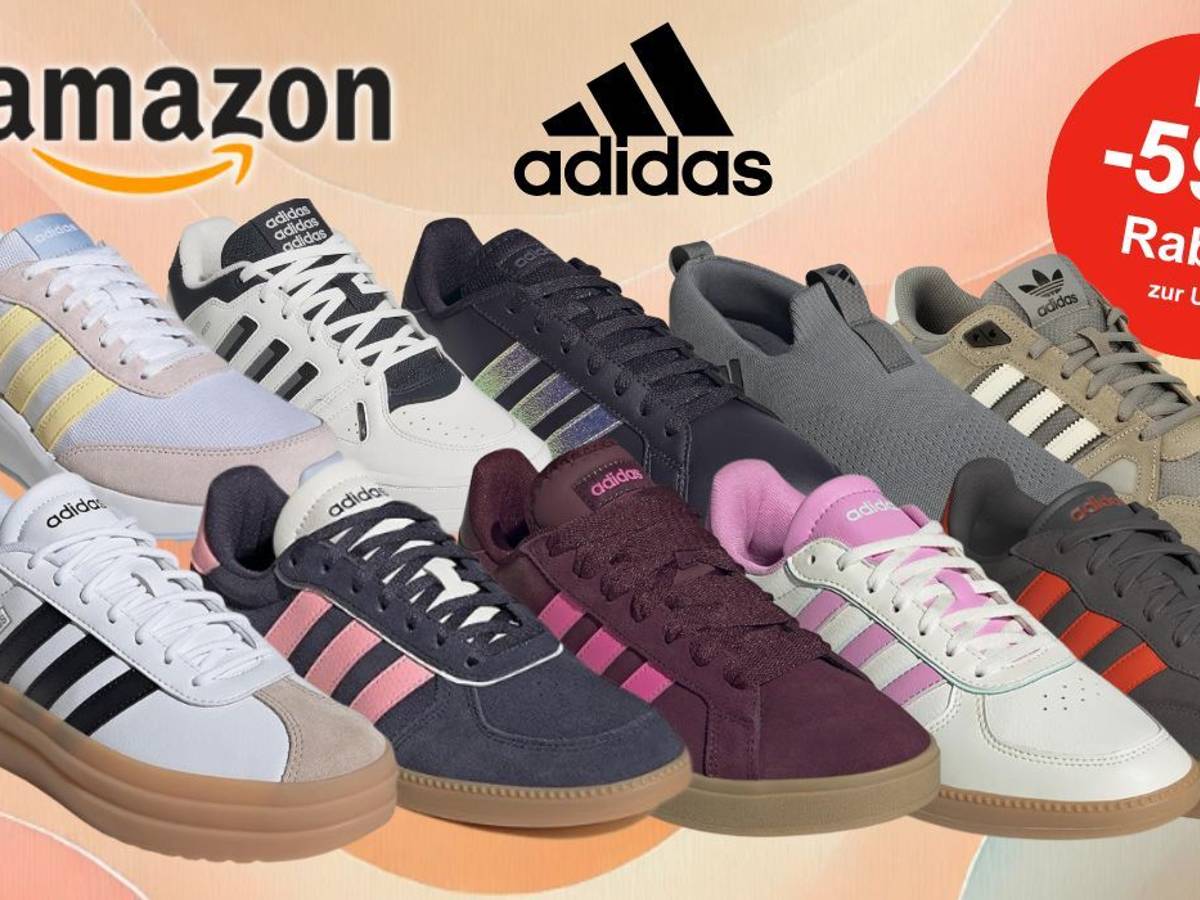 Auf dem Bild sind unterschiedliche Versionen und Modelle von adidas Sneakern zu sehen.