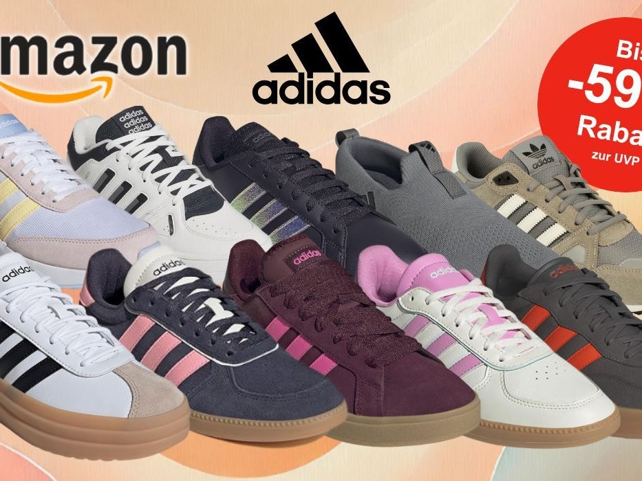 Auf dem Bild sind unterschiedliche Versionen und Modelle von adidas Sneakern zu sehen.