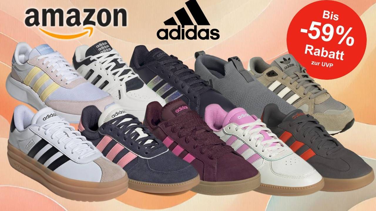 Auf dem Bild sind unterschiedliche Versionen und Modelle von adidas Sneakern zu sehen.