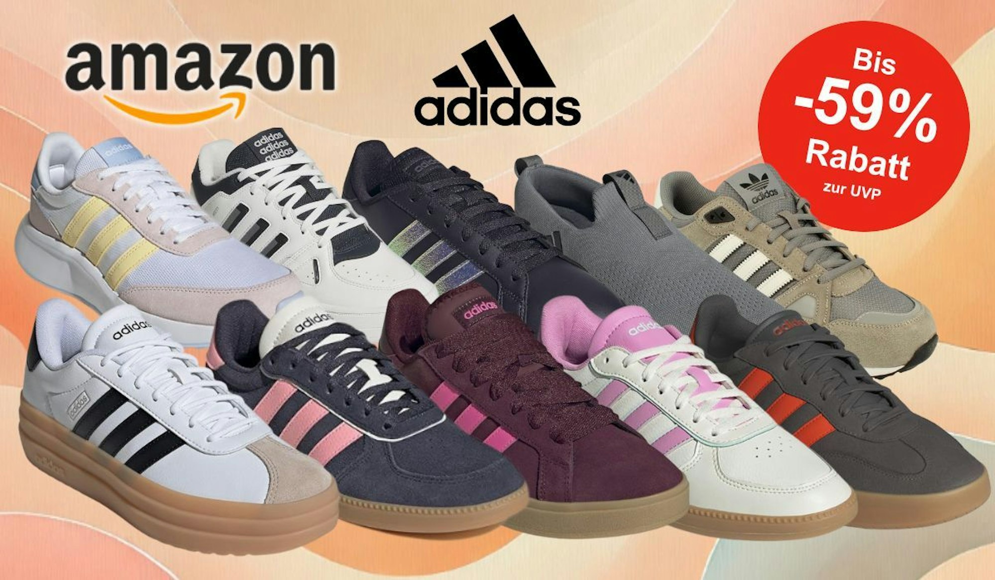 Auf dem Bild sind unterschiedliche Versionen und Modelle von adidas Sneakern zu sehen.