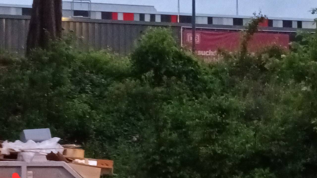 An einer Straße steht ein übervoller Müllcontainer, auf dem Boden liegt ebenfalls Müll.