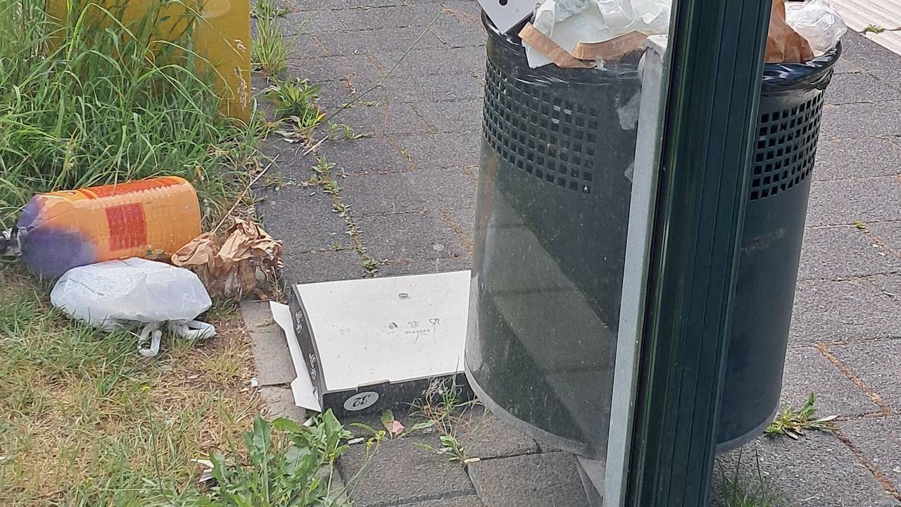 Neben einem vollen Mülleimer liegt Müll, unter anderem ein Pizzakarton, auf dem Boden.