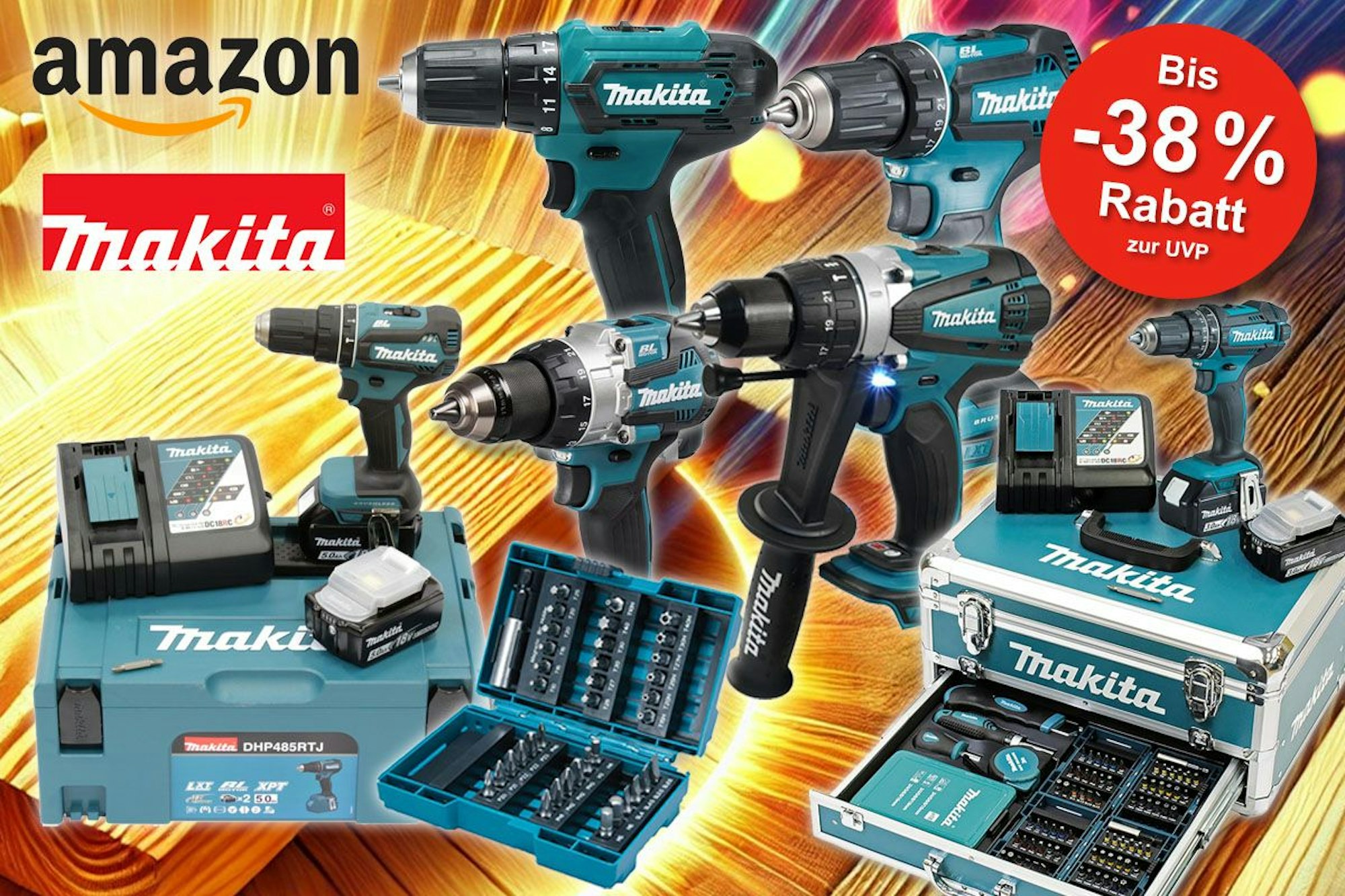Makita Akku-Schlagbohrschrauber, Bohrschrauber und Bohrer Bit-Sets wie die Modelle DDF482Z, DHP485RTJ, DF333DSAE und DHP458Z, vor einem bunt strahlenden Hintergrund mit Holzoberfläche.