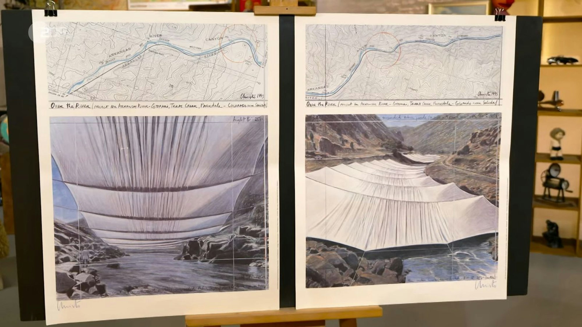 Die zwei von Christo signierten Drucke „Over the River“ aus dem Jahr 1993 zur Idee, den Arkansas River in Colorado zu verhüllen, wurden auf 800 bis 1.000 Euro geschätzt. Anaisio Guedes sicherte sich die limitierten Drucke für 1.000 Euro.
(Bild: ZDF)