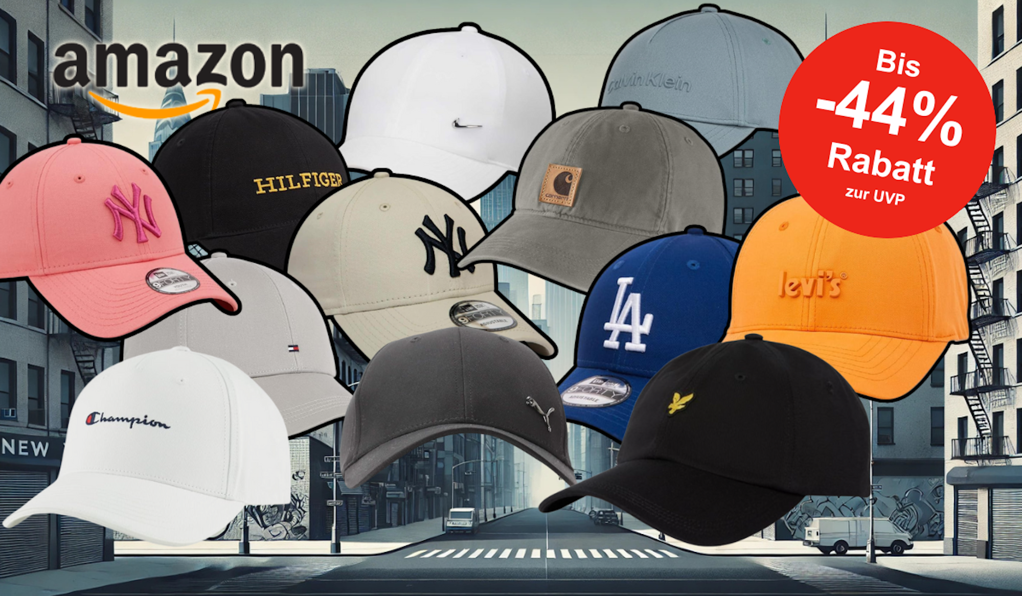 Caps in verschiedenen Farben von bekannten Marken wie Nike, Leviâs, Tommy Hilfiger, New Era, Calvin Klein und Carharttvor einem Stadthintergrund.