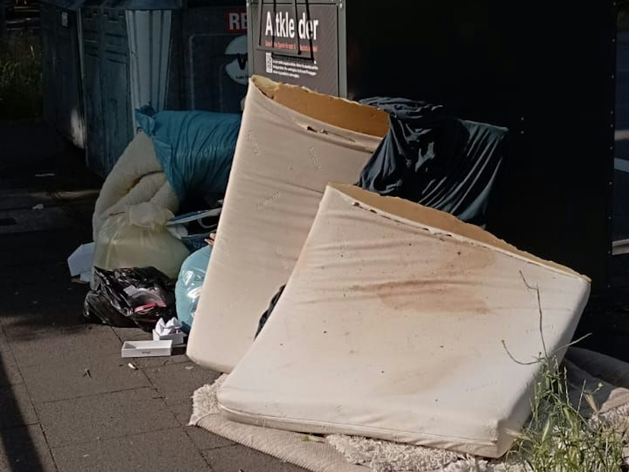 Neben einem Container liegen zwei fleckige Matratzen, darunter ein entsorgter Teppich.