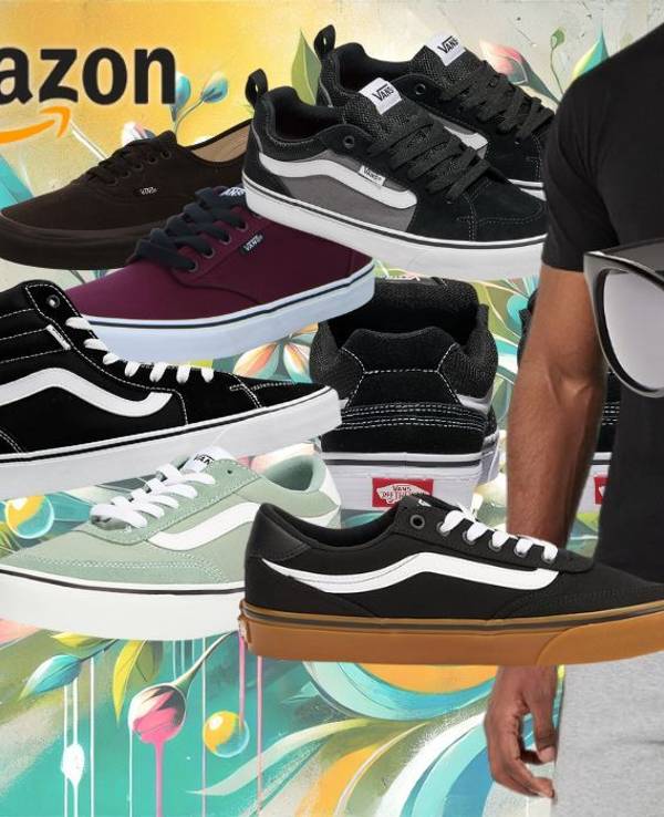 Anordnung verschiedener Vans Sneaker vor einem Hintergrund im bunten Graffitistyle mit Blumen