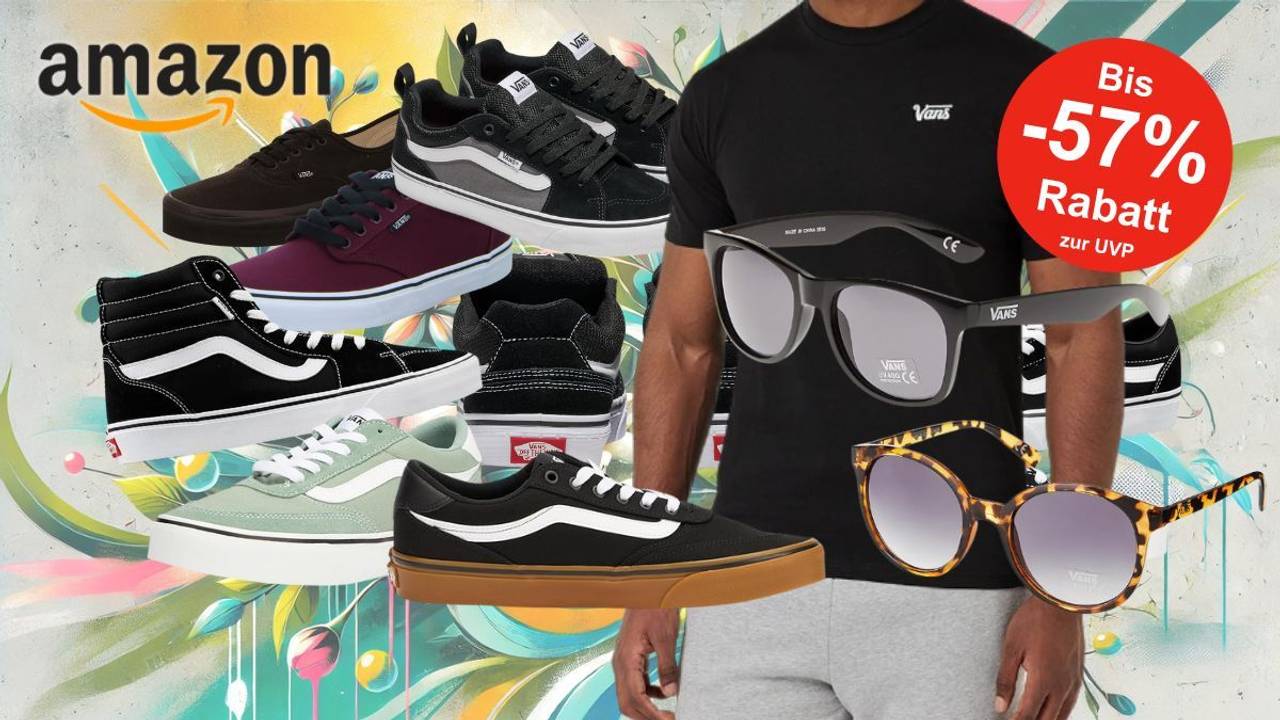 Anordnung verschiedener Vans Sneaker vor einem Hintergrund im bunten Graffitistyle mit Blumen