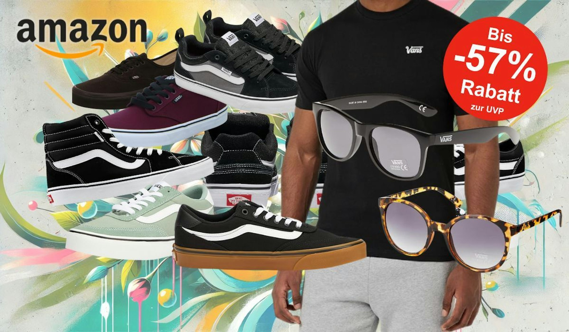 Anordnung verschiedener Vans Sneaker vor einem Hintergrund im bunten Graffitistyle mit Blumen