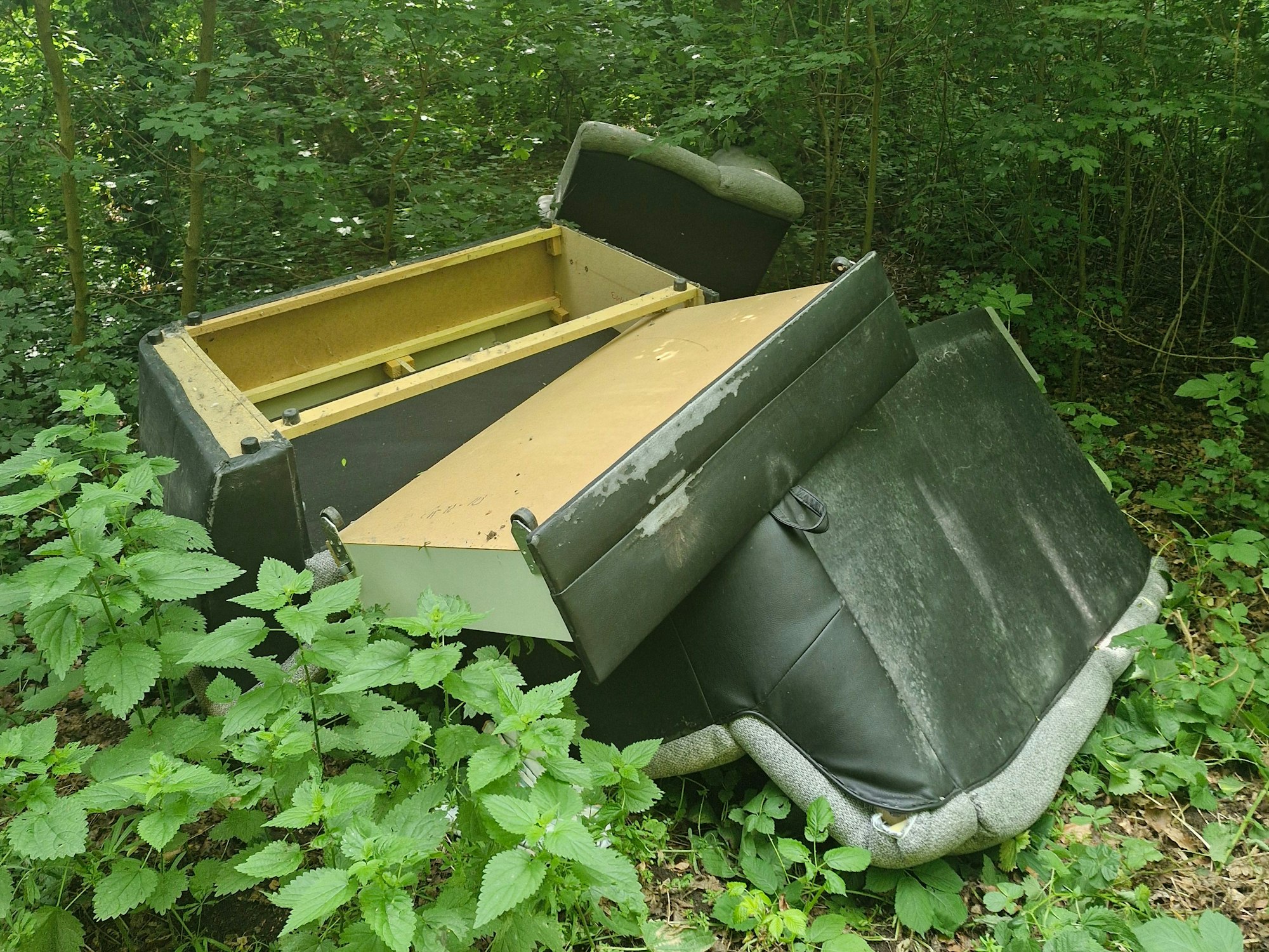 Ein Kunstleder-Sofa liegt in mehreren Teilen in einem Gebüsch.