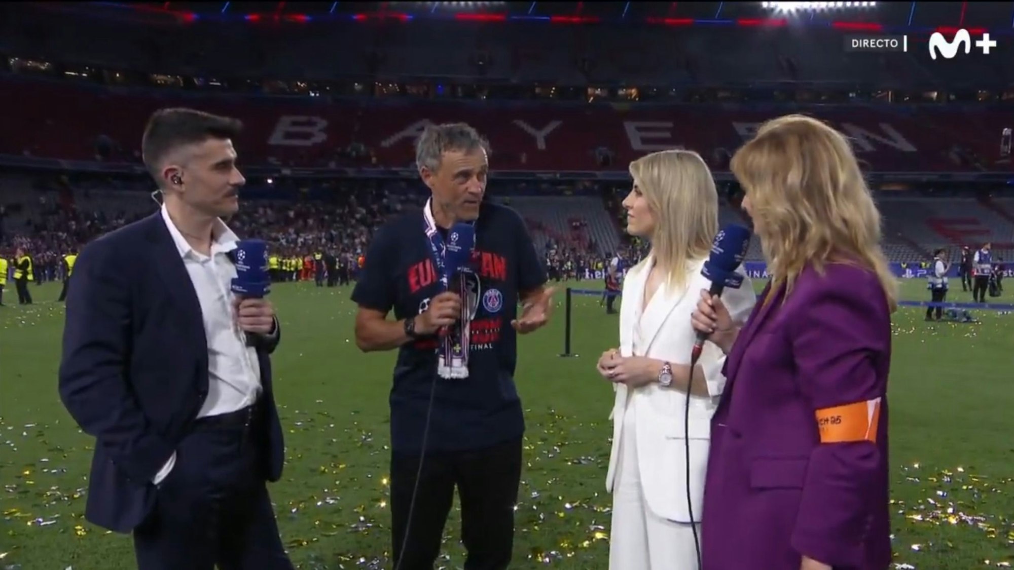 Luis Enrique (2.v.l.) am Samstag nach dem Finale der Champions League im Interview beim TV-Sender Movistar+ im Gespräch mit Álvaro Benito, Susana Guasch und Mónica Marchante.