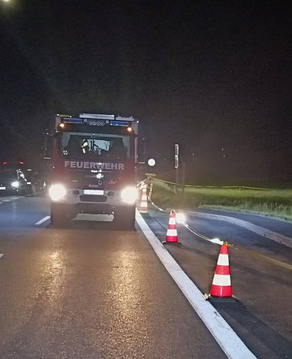 Die Feuerwehr steht an einem abgesperrten Areal, nachdem bei einer Kontrolle der Bundespolizei an der Grenze zu Tschechien ein flüchtiger Autofahrer tödlich verletzt worden ist.