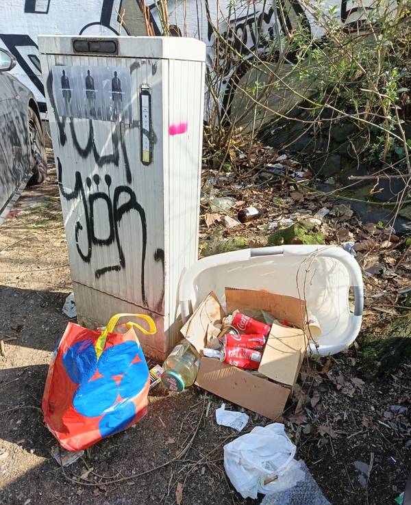 Neben einem Stromkasten liegt Müll, darunter eine Plastikwanne und mehrere Coladosen.