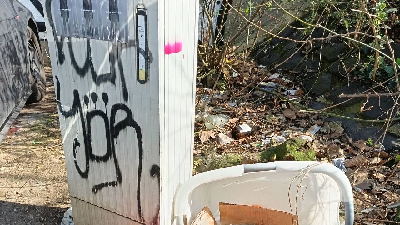Neben einem Stromkasten liegt Müll, darunter eine Plastikwanne und mehrere Coladosen.