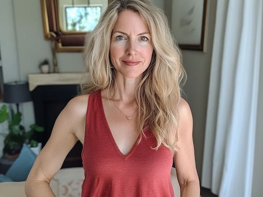 Blonde Frau im weinroten Shirt zu Hause