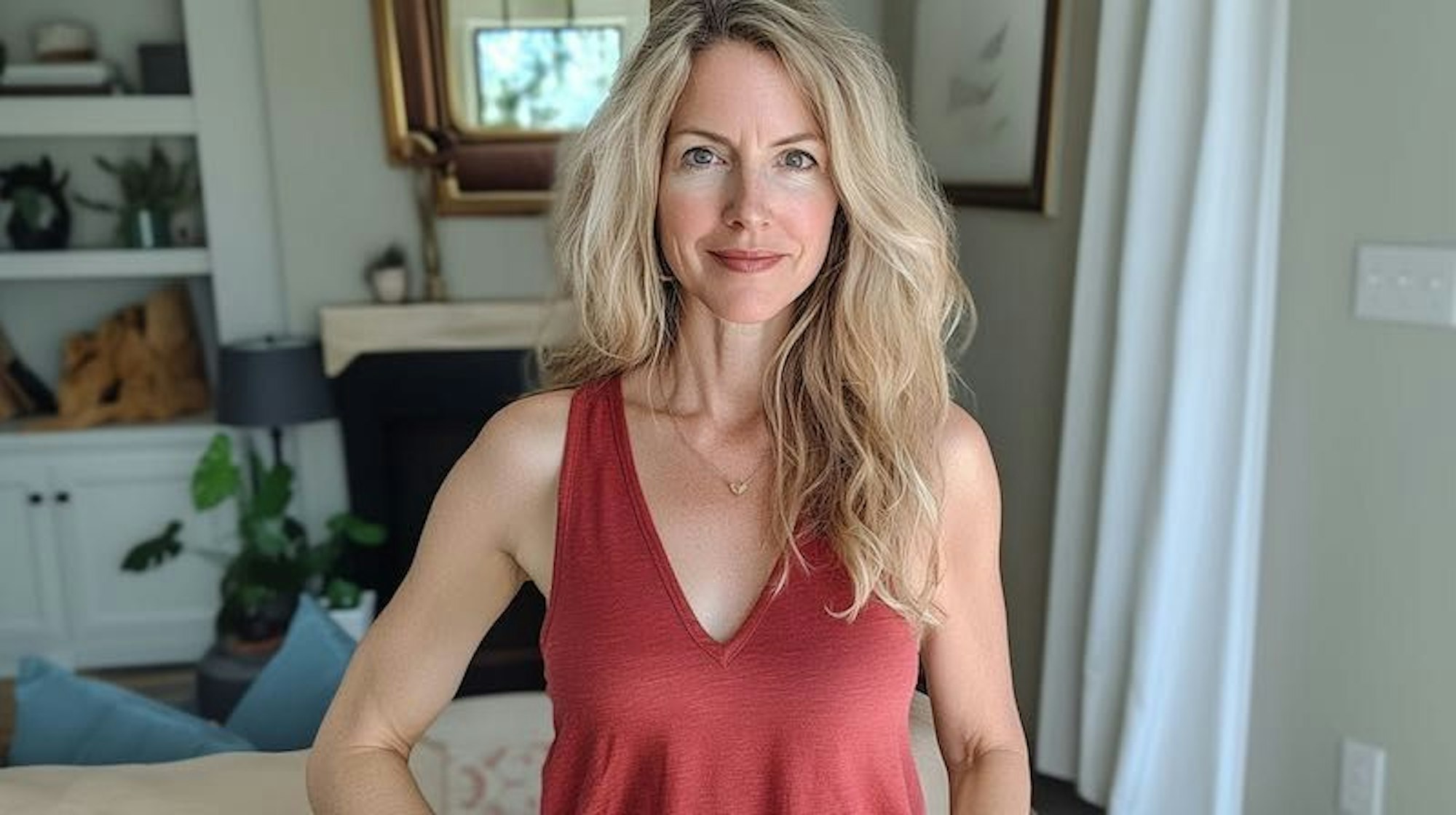 Blonde Frau im weinroten Shirt zu Hause