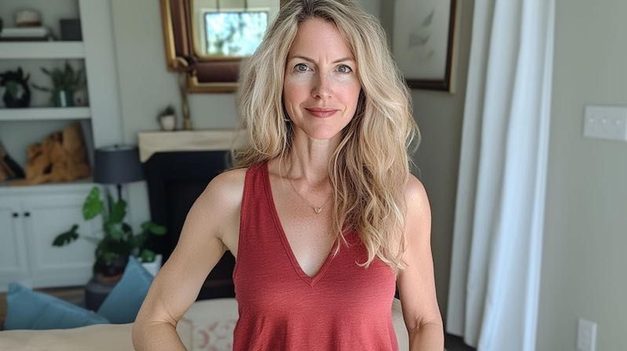 Blonde Frau im weinroten Shirt zu Hause