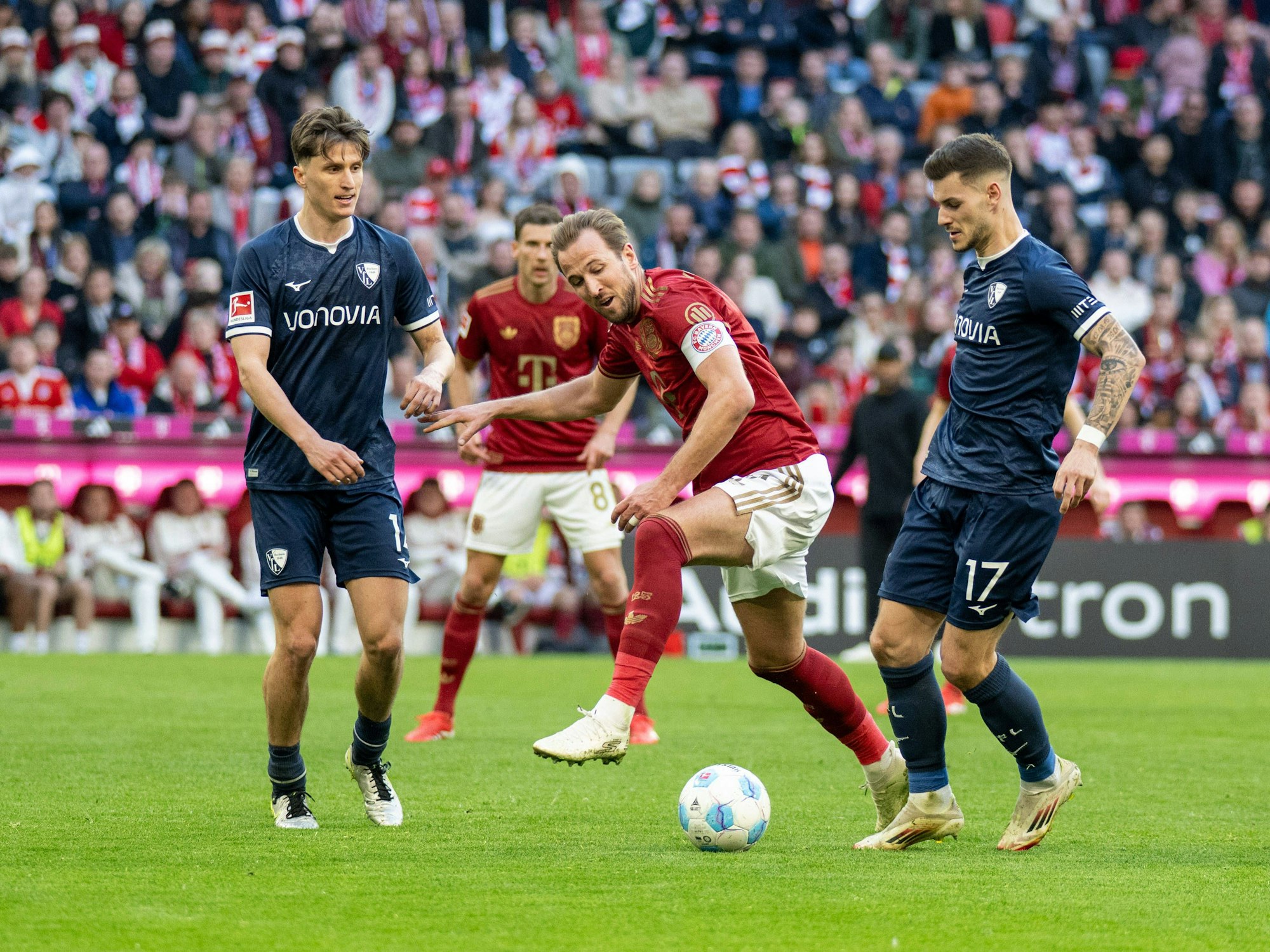 Tim Oermann (l.) und Tom Krauß (r.) kämpfen mit Harry Kane um den Ball.
