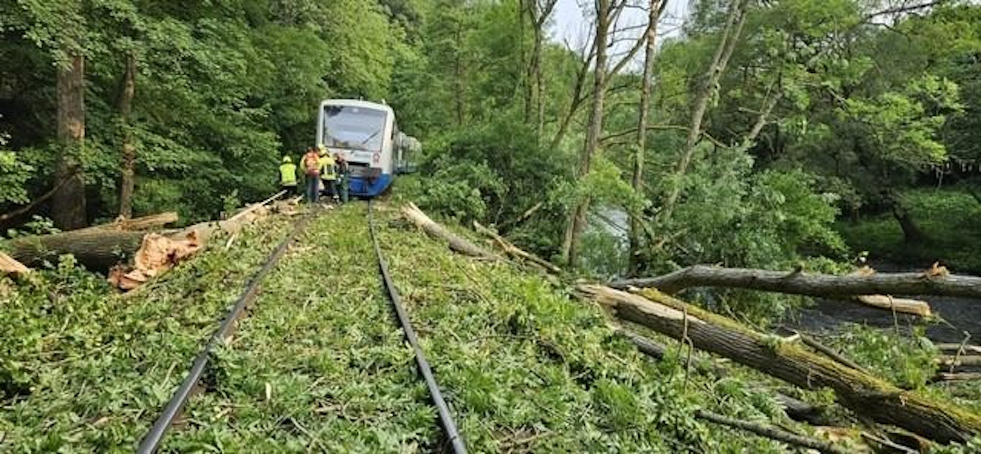 Einsatz der Feuerwehr bei der Evakuierung einer entgleisten Bahn im Rurtal nahe Nideggen.