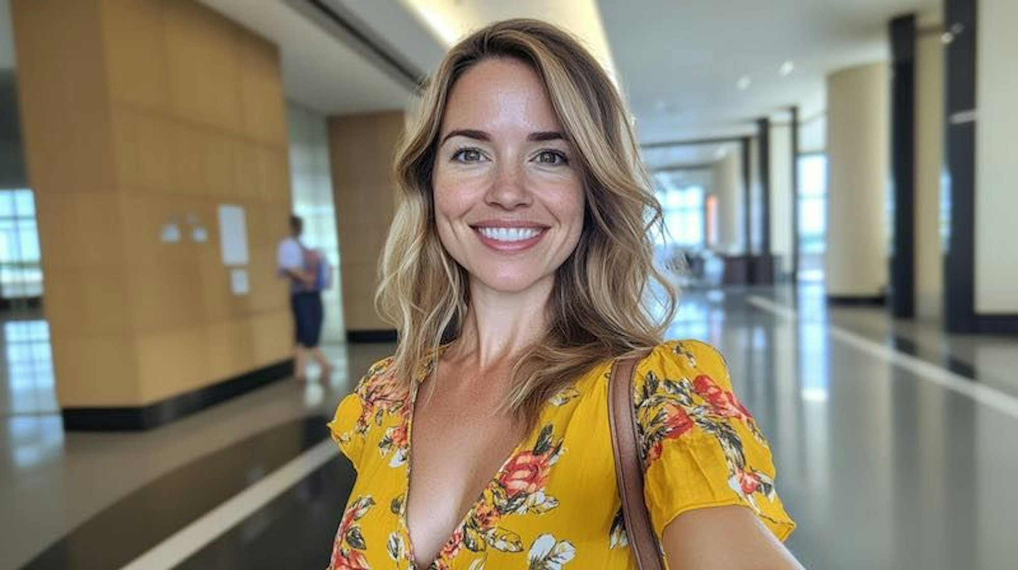 Junge blonde Frau steht in einer großen Eingangshalle eines Gebäudes und schießt lächelnd ein Selfie von sich.