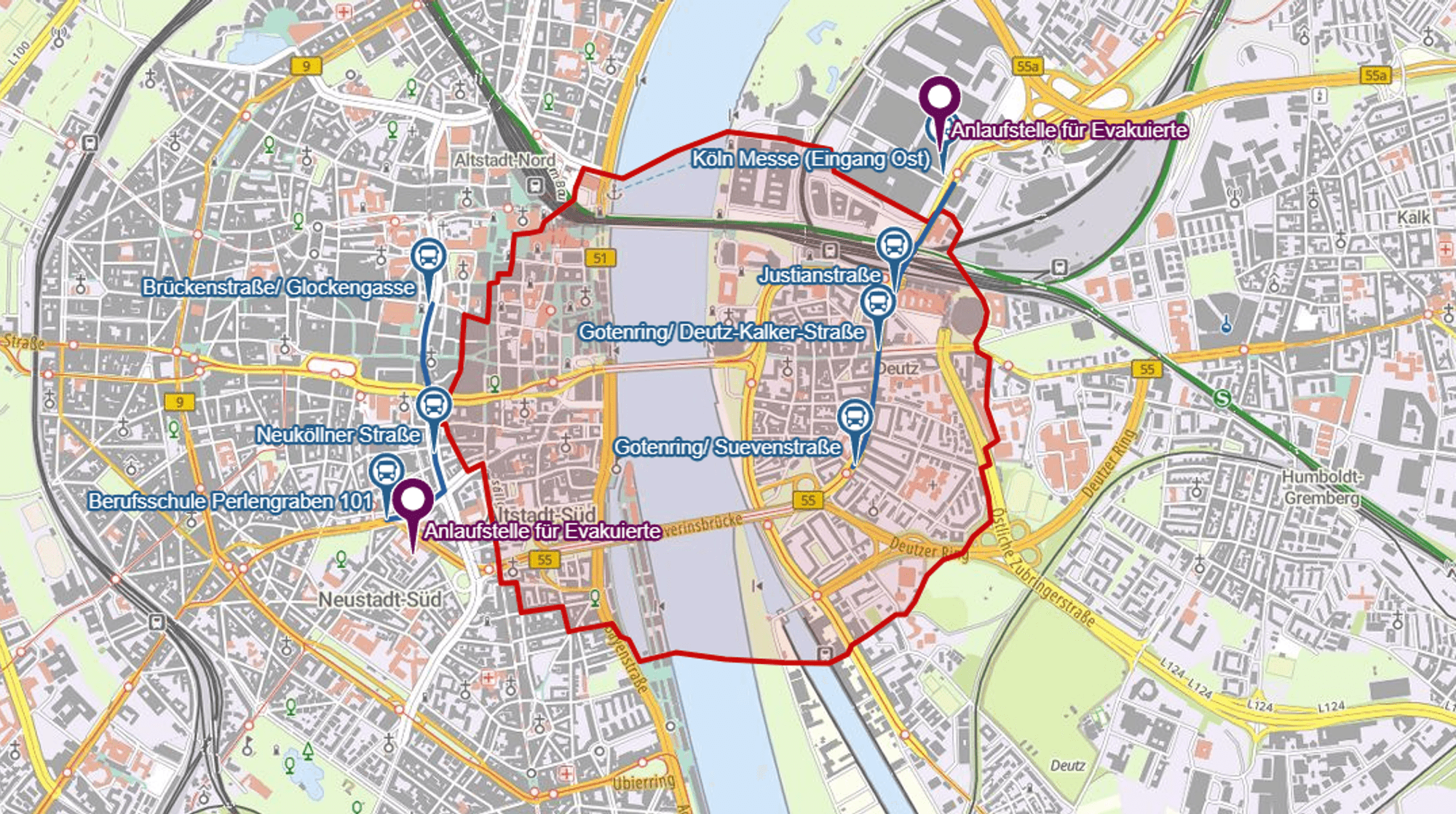 Der Evakuierungsbereich umfasst große Teile der Innenstadt und von Deutz.