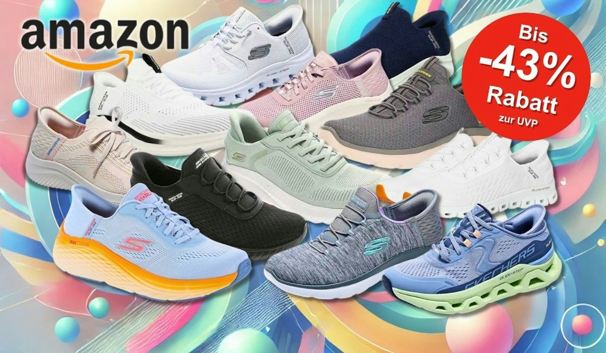 Eine bunte Auswahl verschiedener Skechers Slip-Ins Sneaker für Damen und Herren, die in lebendigen Farben und stylischen Designs vor einem bunten Hintergrund präsentiert werden.