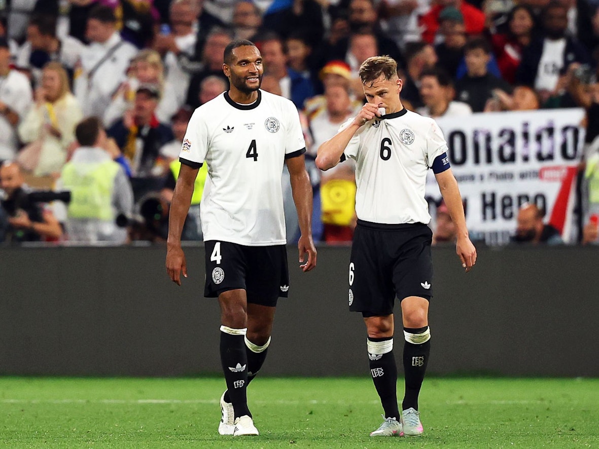04.06.2025, Bayern, München: Fußball: Nations League A, Deutschland - Portugal, Play-off-Runde, Halbfinale, Fußballarena München, Deutschlands Spieler Jonathan Tah (l) und Joshua Kimmich reagieren nach Portugals Treffer zum 1:2. Foto: Christian Charisius/dpa +++ dpa-Bildfunk +++