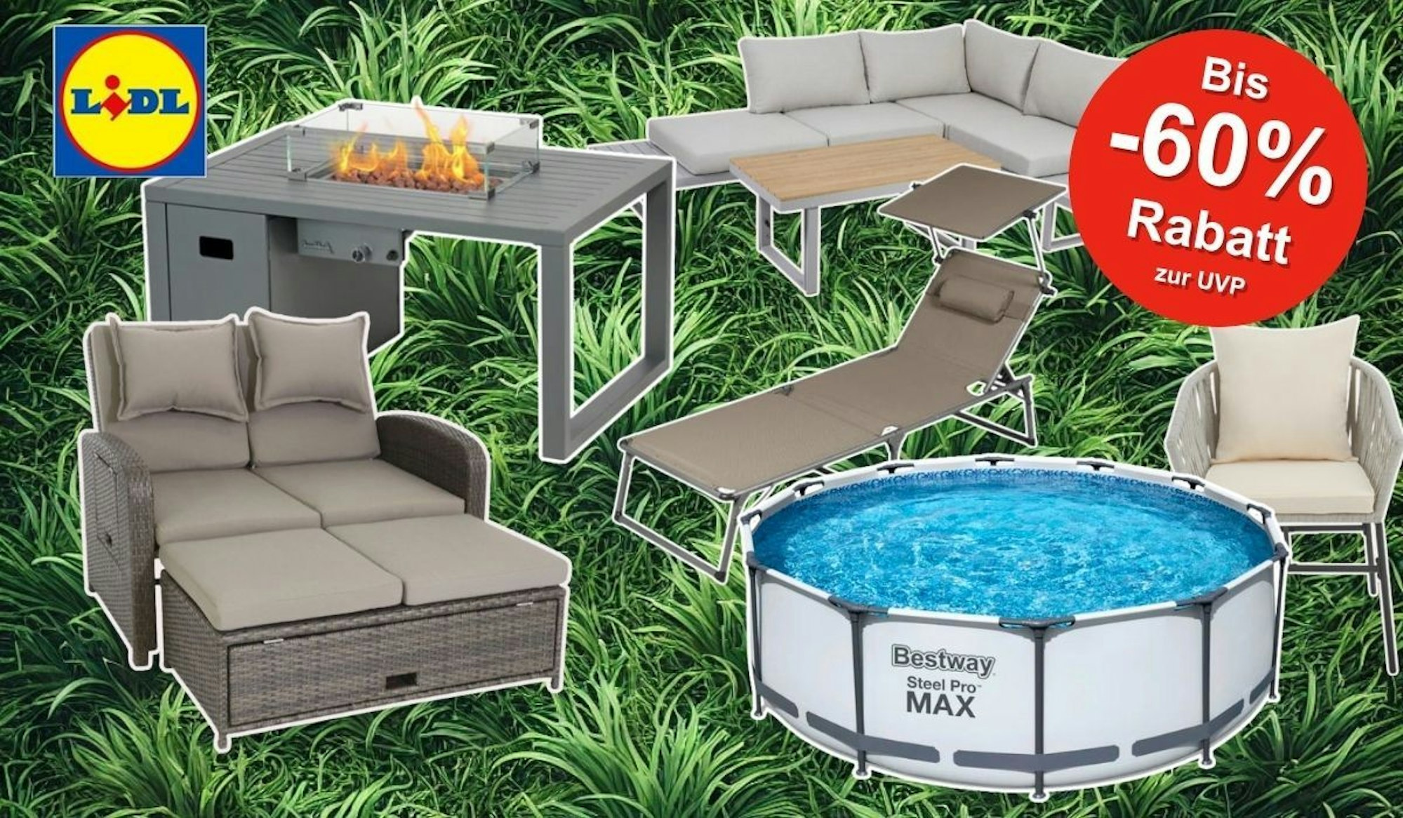 Eine Grafik für den Lidl Sale mit Gartenmöbeln und einem Pool auf einem grünen Rasenhintergrund.
