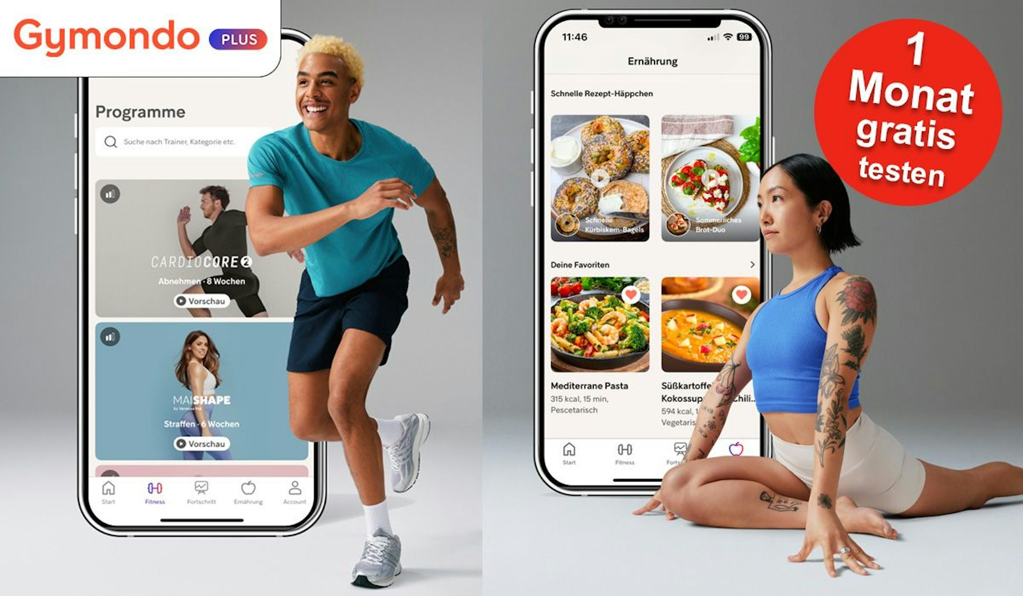 Eine Frau und ein Mann trainieren mit der Gymondo App auf dem Smartphone, er Laufen und sie Yoga.