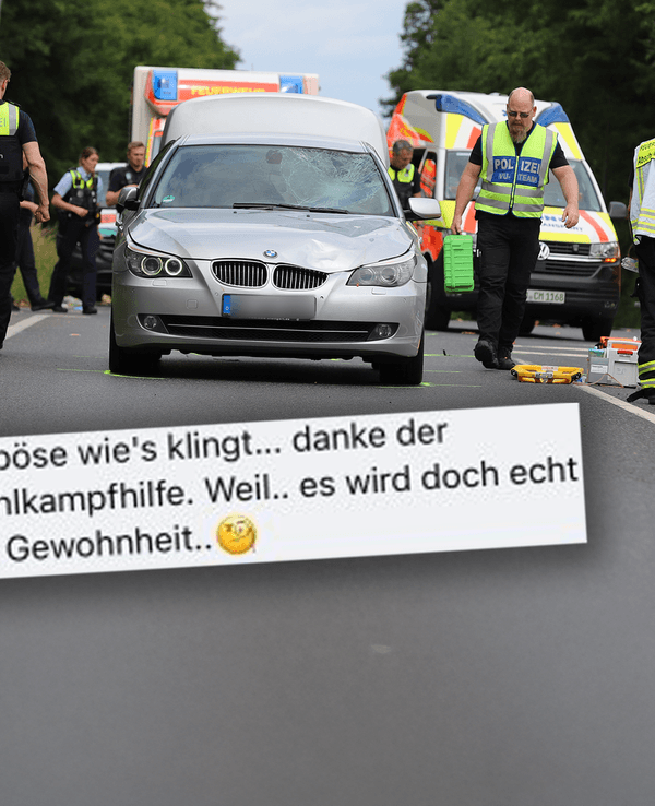 Einsatzkräfte der Polizei, der Feuerwehr und vom Rettungsdienst sind nach einem Unfall neben dem Unfallfahrzeug im Einsatz. Unten: der Kommentar eines AfD-Ortspolitikers.