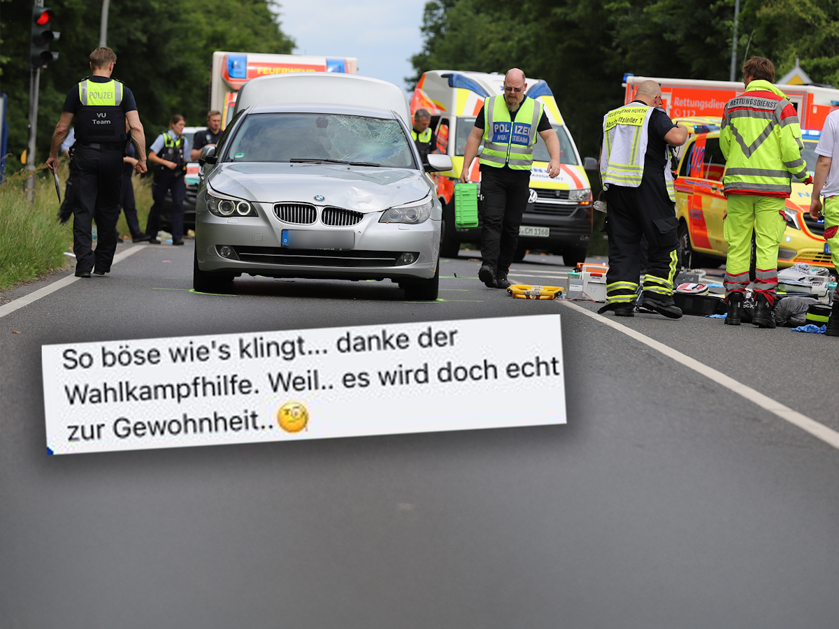 Einsatzkräfte der Polizei, der Feuerwehr und vom Rettungsdienst sind nach einem Unfall neben dem Unfallfahrzeug im Einsatz. Unten: der Kommentar eines AfD-Ortspolitikers.
