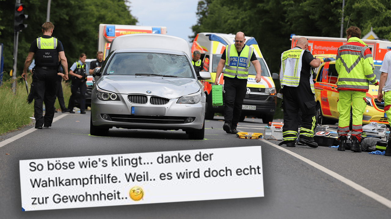 Einsatzkräfte der Polizei, der Feuerwehr und vom Rettungsdienst sind nach einem Unfall neben dem Unfallfahrzeug im Einsatz. Unten: der Kommentar eines AfD-Ortspolitikers.