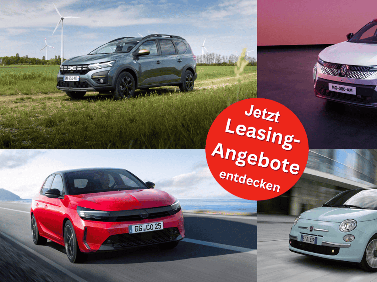 Bilder der Fahrzeugmodelle Fiat 500, Opel Corsa, Dacia Jogger und Renault Scenic.