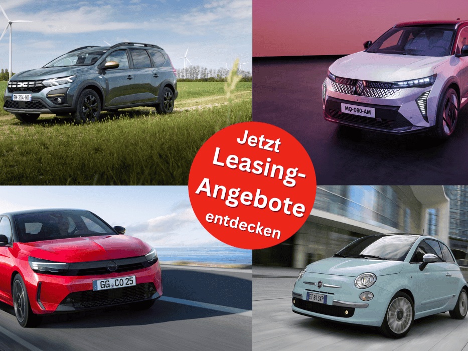 Bilder der Fahrzeugmodelle Fiat 500, Opel Corsa, Dacia Jogger und Renault Scenic.