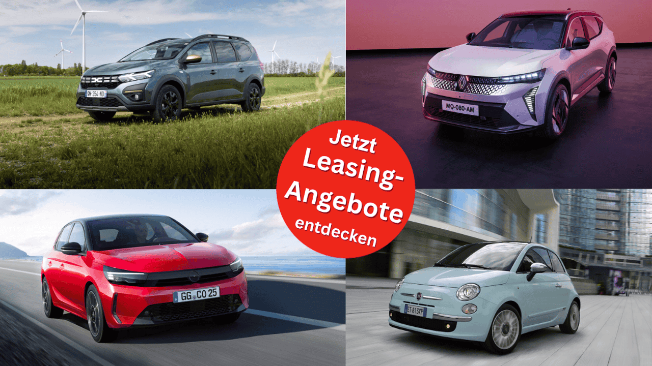 Bilder der Fahrzeugmodelle Fiat 500, Opel Corsa, Dacia Jogger und Renault Scenic.