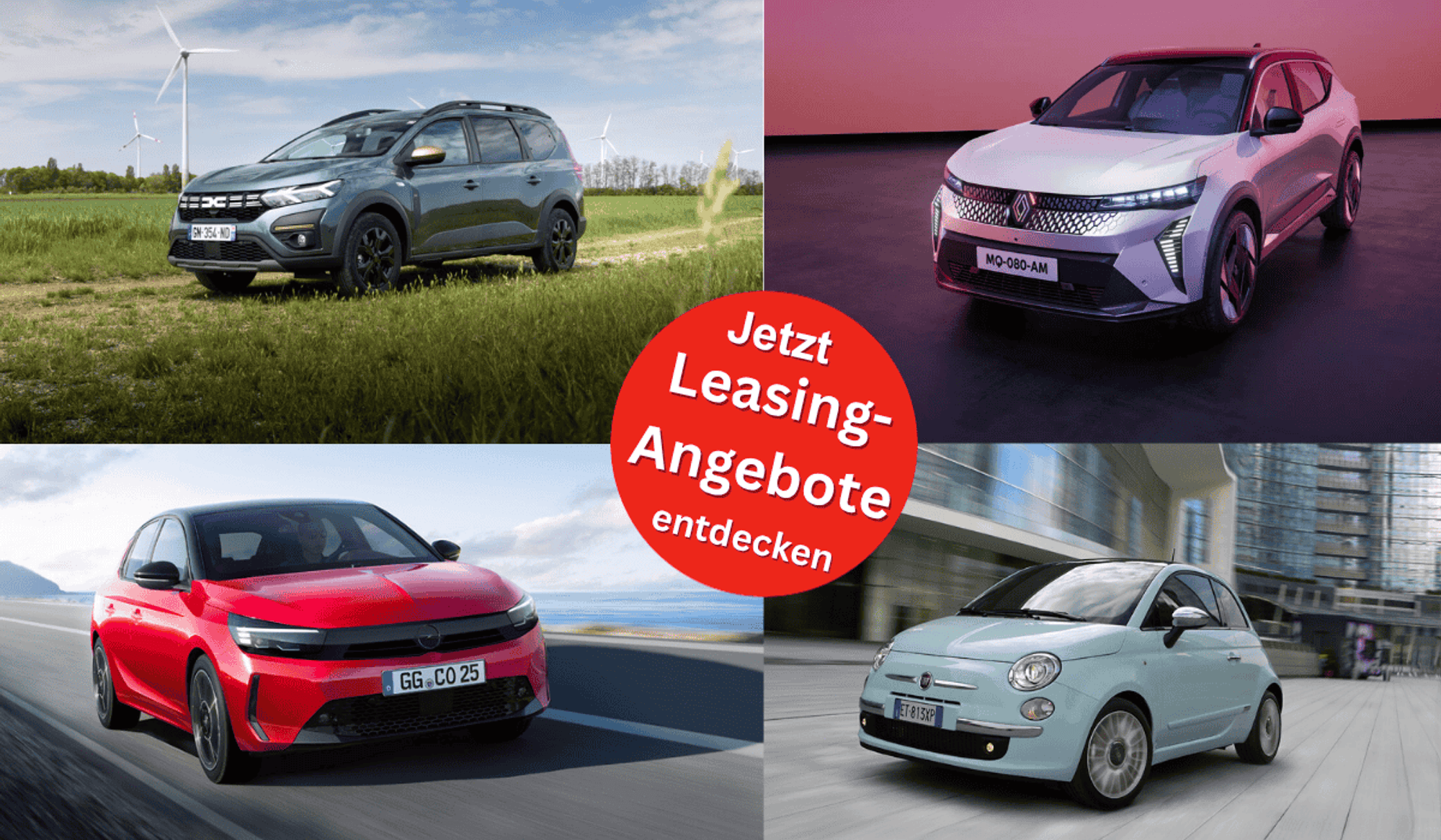 Bilder der Fahrzeugmodelle Fiat 500, Opel Corsa, Dacia Jogger und Renault Scenic.