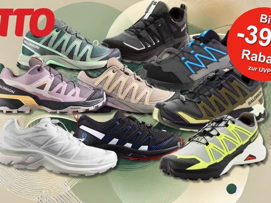 Darstellung verschiedener Salomon Sneaker Modelle auf einem grün, beigen Hintergrund