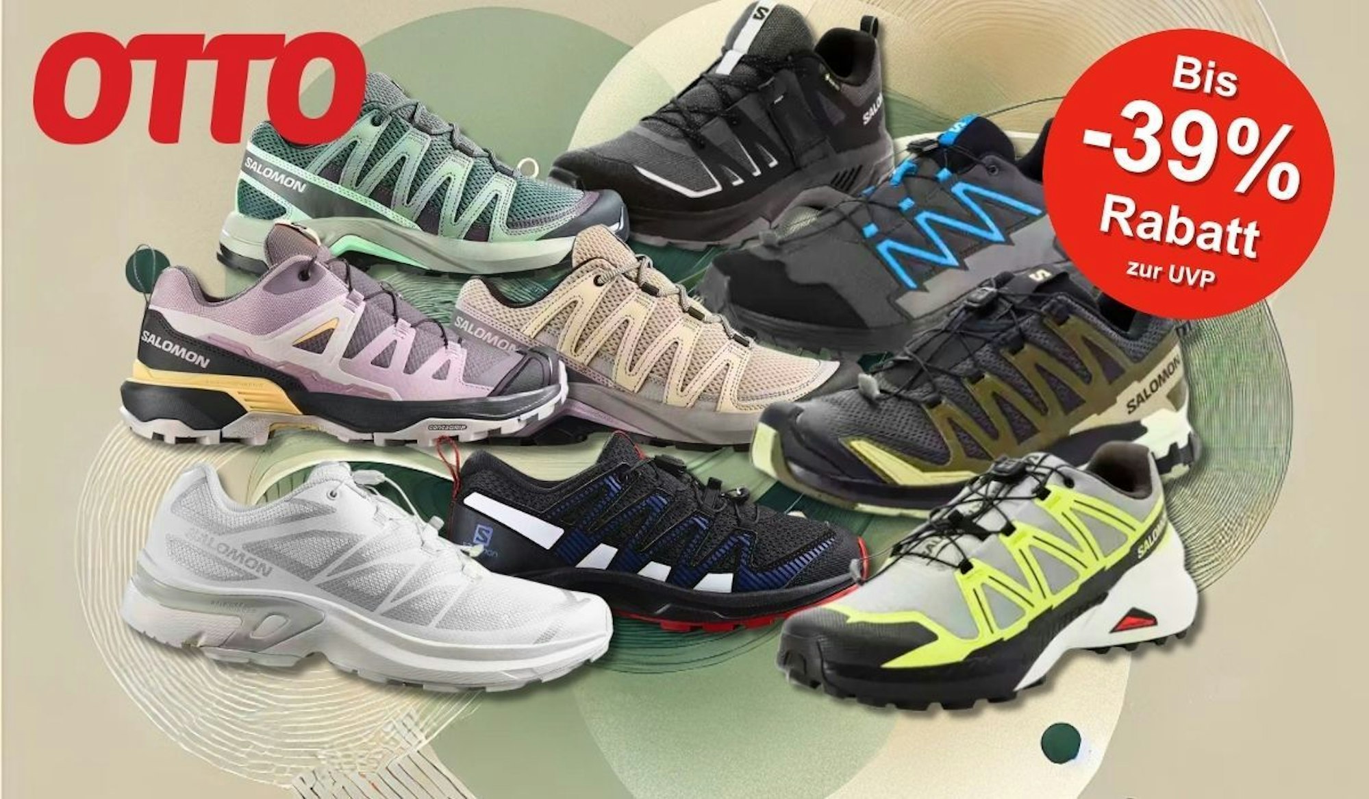 Darstellung verschiedener Salomon Sneaker Modelle auf einem grün, beigen Hintergrund