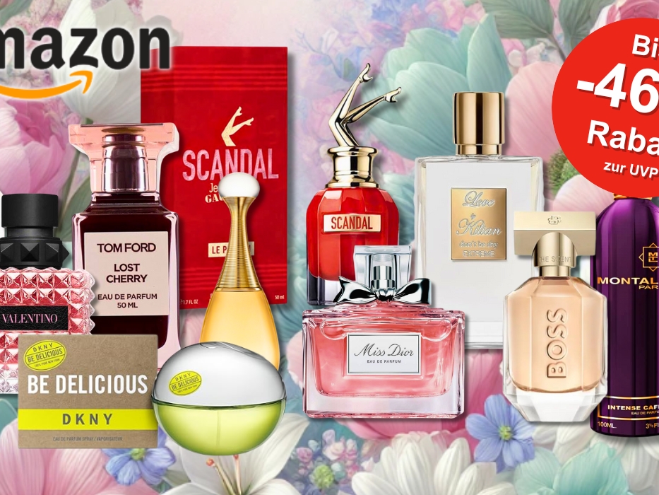 Flakons von Damen Parfums vor einem romantischen Hintergrund mit Herzmotiven. Von Carolina Herrera Good Girl, Miss Dior, Tom Ford Lost Cherry, Kayali, Montale, JPG Scandal, BOSS The Scent und mehr.