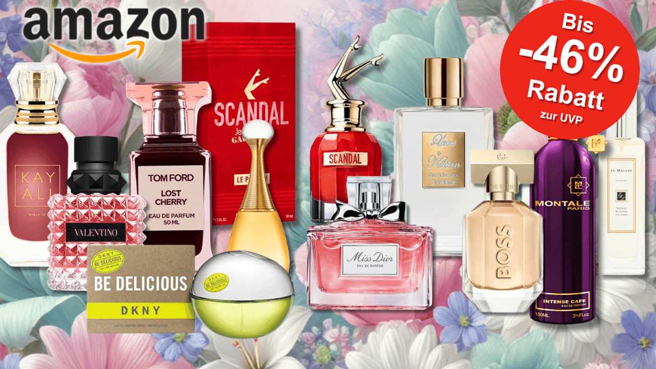 Flakons von Damen Parfums vor einem romantischen Hintergrund mit Herzmotiven. Von Carolina Herrera Good Girl, Miss Dior, Tom Ford Lost Cherry, Kayali, Montale, JPG Scandal, BOSS The Scent und mehr.