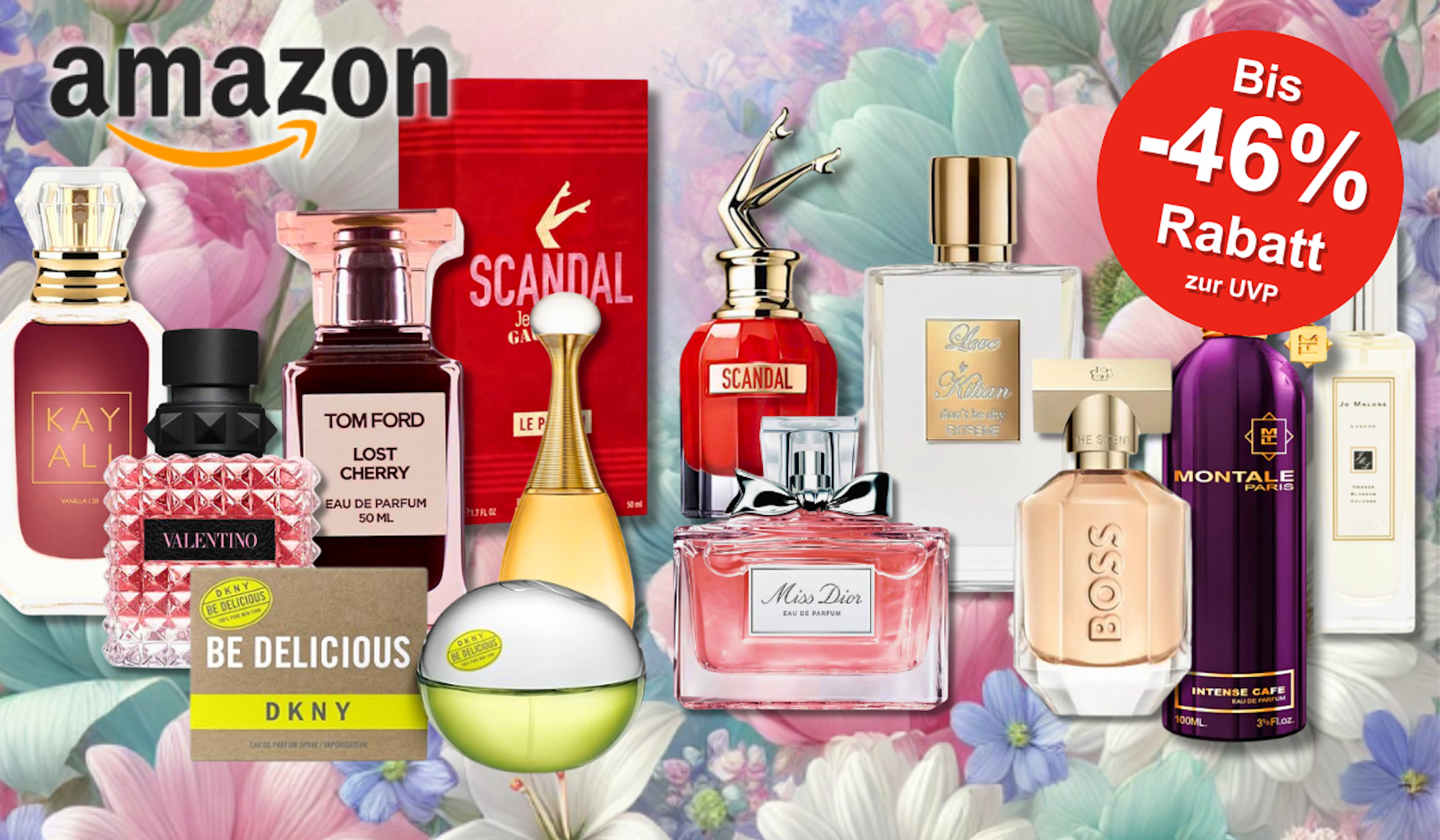 Flakons von Damen Parfums vor einem romantischen Hintergrund mit Herzmotiven. Von Carolina Herrera Good Girl, Miss Dior, Tom Ford Lost Cherry, Kayali, Montale, JPG Scandal, BOSS The Scent und mehr.