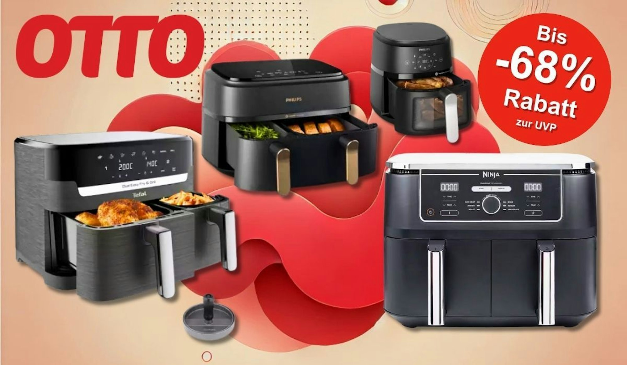 Auf dem Bild sind Airfryer von verschiedenen Marken wie Philips, Ninja und Tefal platziert.